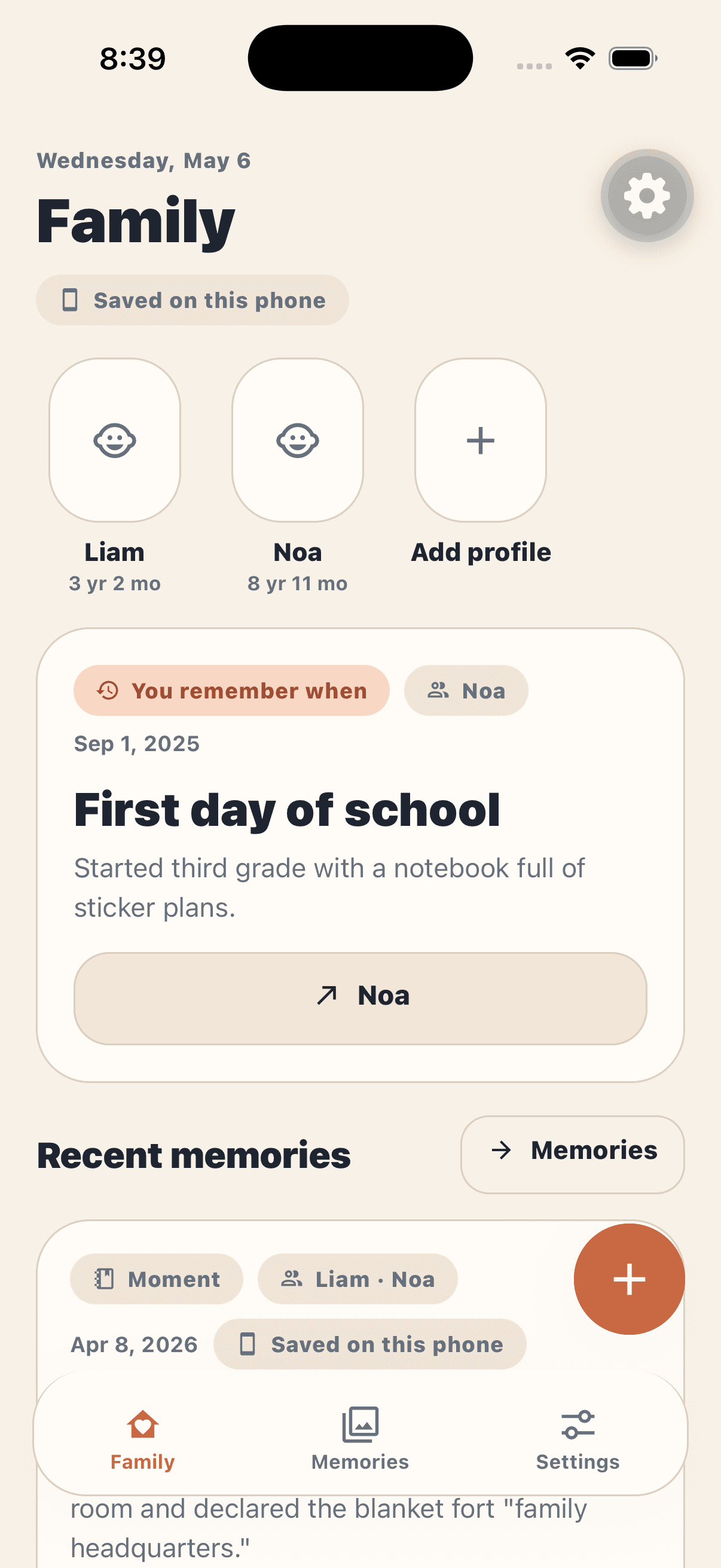 YouRememberWhen family screen with two child profiles and a resurfaced milestone.