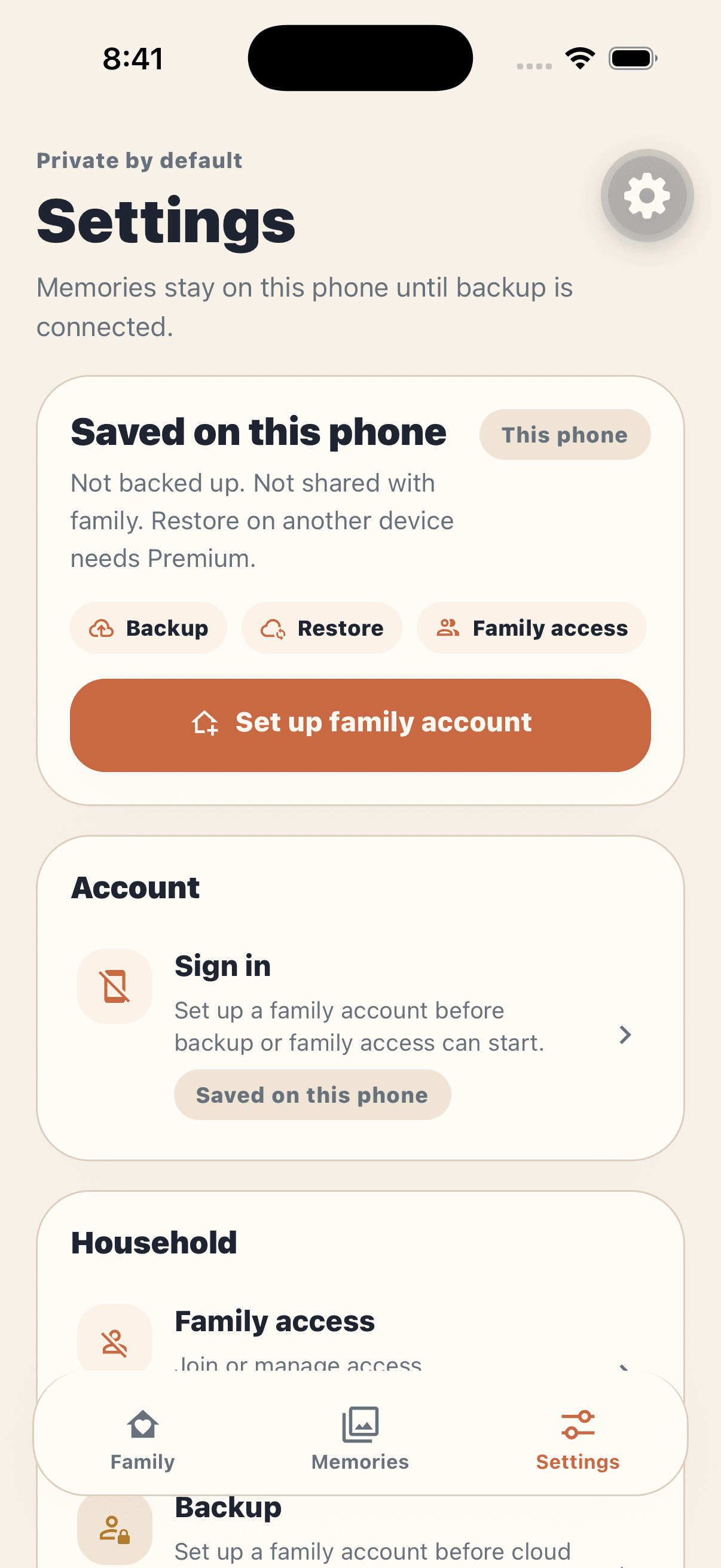 YouRememberWhen settings screen showing private-by-default backup controls.